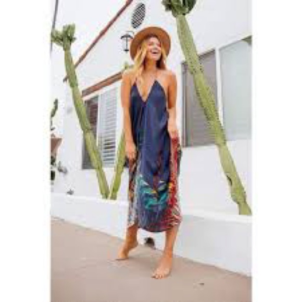 Lovestitch Colorful Palm Print Backless Midi Dress